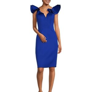 Eliza J Scuba V-Neck Ruffled Cap Sleeve Sheath Dress